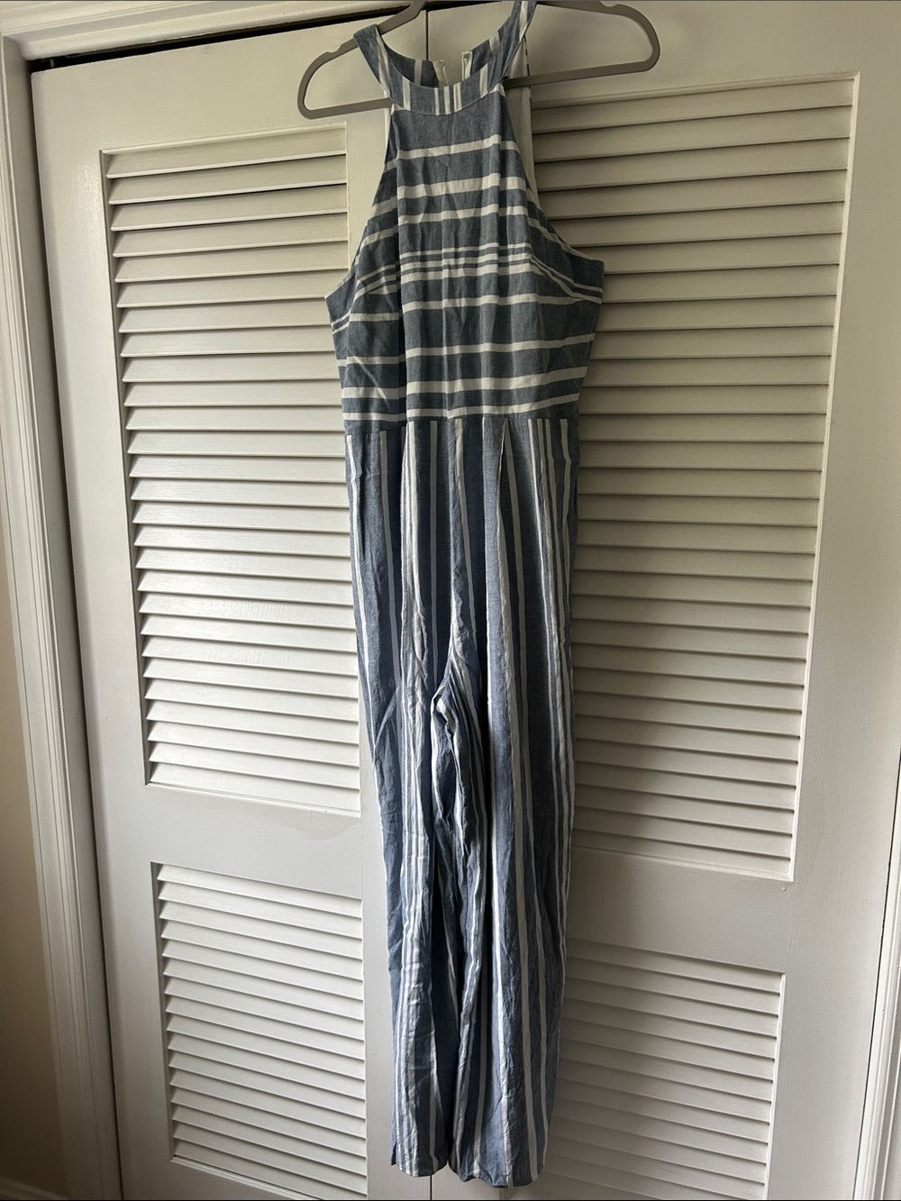 Express Blue and White Vertical-Strip Dress with High Neck